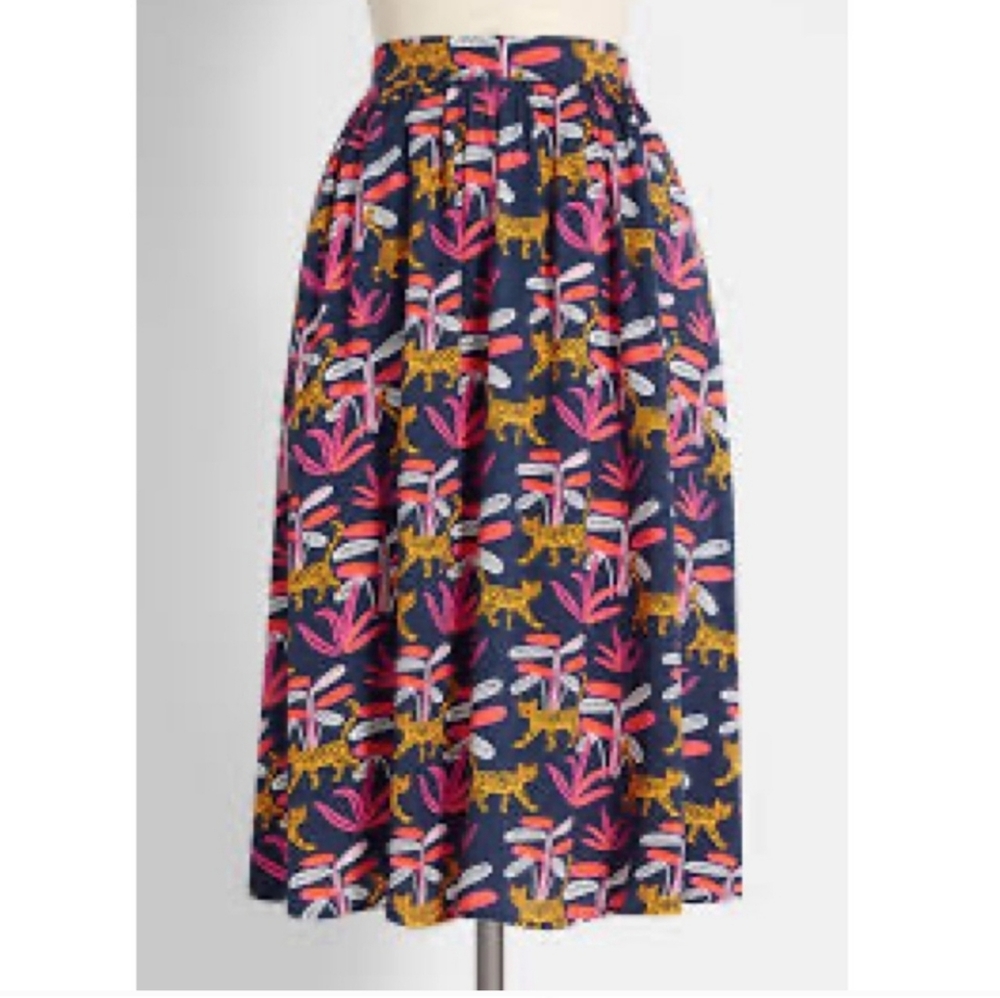 ModCloth XL Women's Skirt Blue Jungle Cats Pleated Pocket